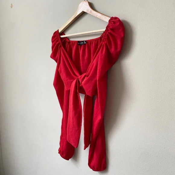 PrettyLittleThing Women's Size 2 Puff Long Sleeve Tie Bow Crop Top Blouse Red - Picture 8 of 16